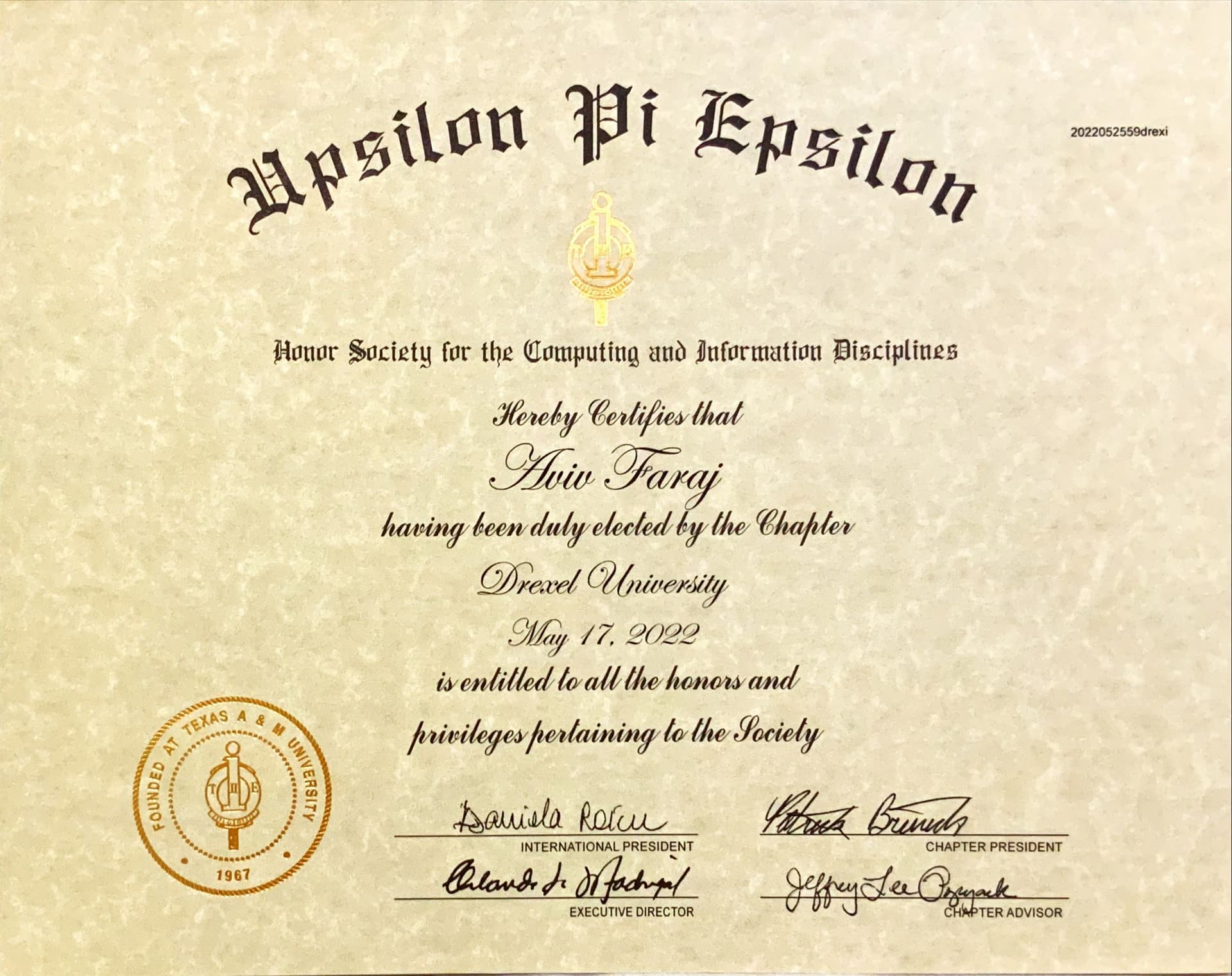 Upsilon Pi Epsilon (UPE) Certificate